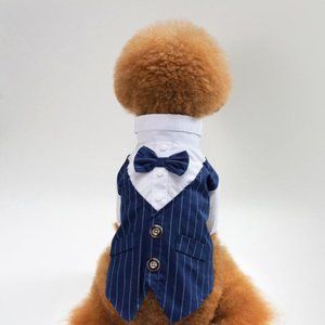 Navy Blue Pet Dog Strips Shirt Suit Bow Tie Tuxedo Halloween Costume Size L.